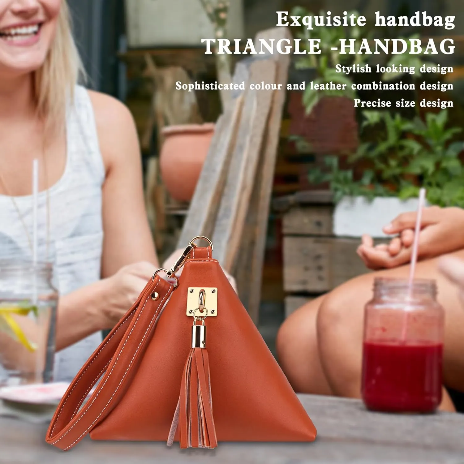 Two Sizes Women Leather Clutch Wallet Triangle Wristlet Purse Wrist Strap