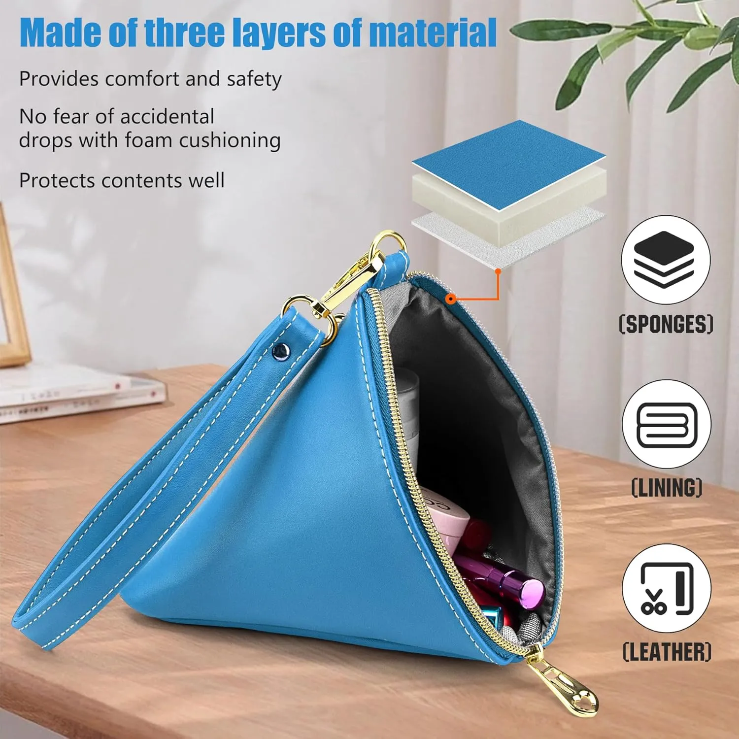 Two Sizes Women Leather Clutch Wallet Triangle Wristlet Purse Wrist Strap