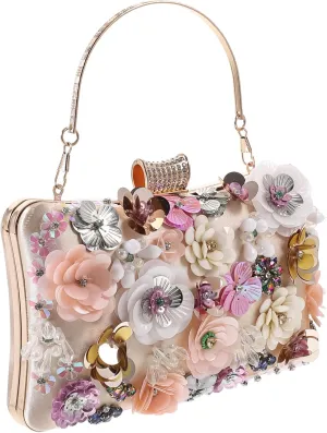 VALICLUD Noble Beaded Flower Evening Purse Satin Clutch Bag for Women Evening Handbags Sequins