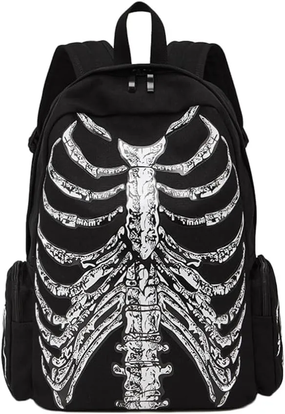 VALICLUD Punk Style Shoulder Bag Gothic Backpack Ribcage Skeleton Canvas Skull Laptop Bag Halloween Goth Accessories for Men Women Canvas Casual Daypack