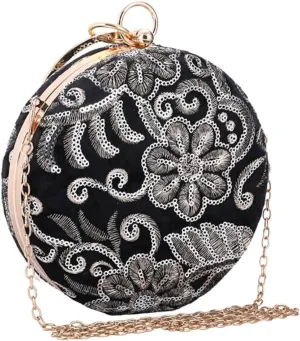 VALICLUD Rhinestone Adorned Round Embroidery Clutch Bag Banquet Lady Bag Small Size for Wedding Dinner