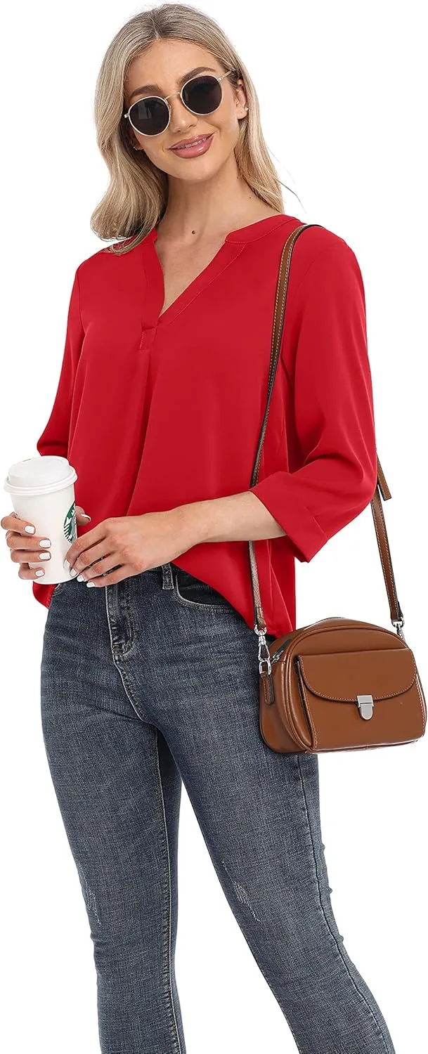 VIISHOW Womens Tops Casual Chiffon Blouses Tops 3/4 Sleeve V Neck Tunic Top Loose Shirt