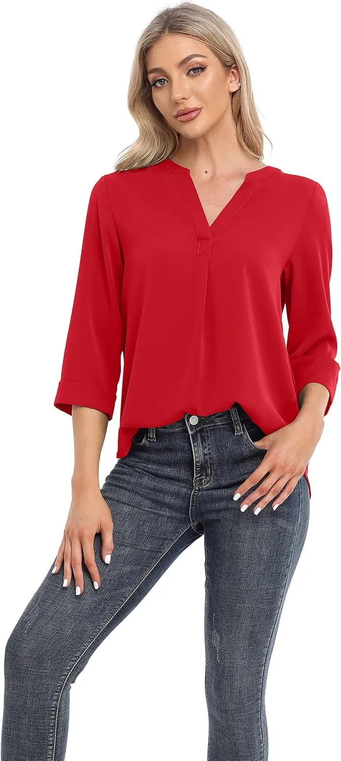 VIISHOW Womens Tops Casual Chiffon Blouses Tops 3/4 Sleeve V Neck Tunic Top Loose Shirt