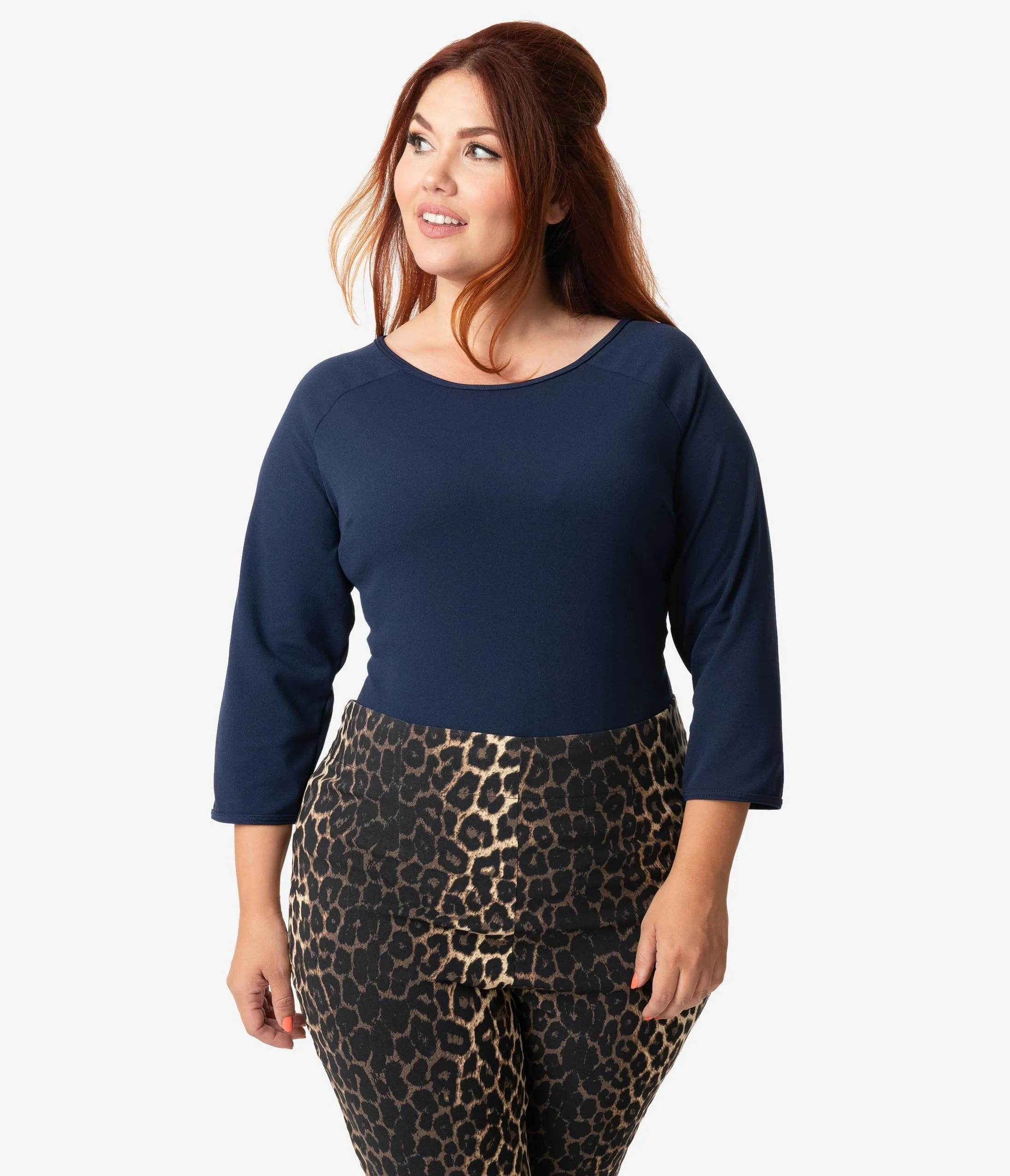 Vixen By Micheline Pitt Plus Size Navy Blue Sleeved Wild Ways Top