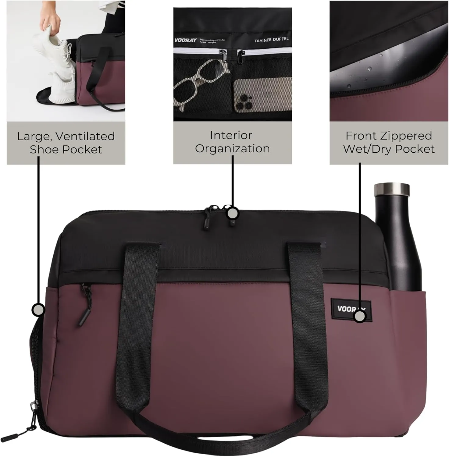 Vooray 25L Trainer Duffel Bag Rose  Lightweight Travel Duffel for Women and Men with Shoe Pocket, Workout Bag, Weekender for Overnight, Football, Traveling, or Hospital Use