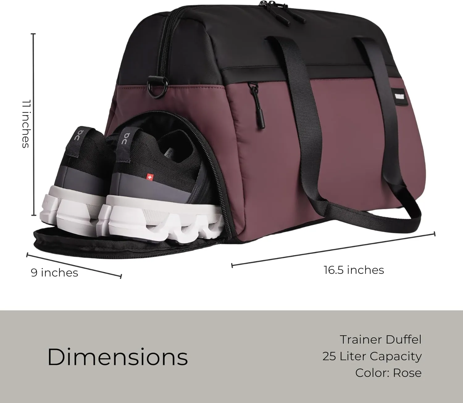 Vooray 25L Trainer Duffel Bag Rose  Lightweight Travel Duffel for Women and Men with Shoe Pocket, Workout Bag, Weekender for Overnight, Football, Traveling, or Hospital Use