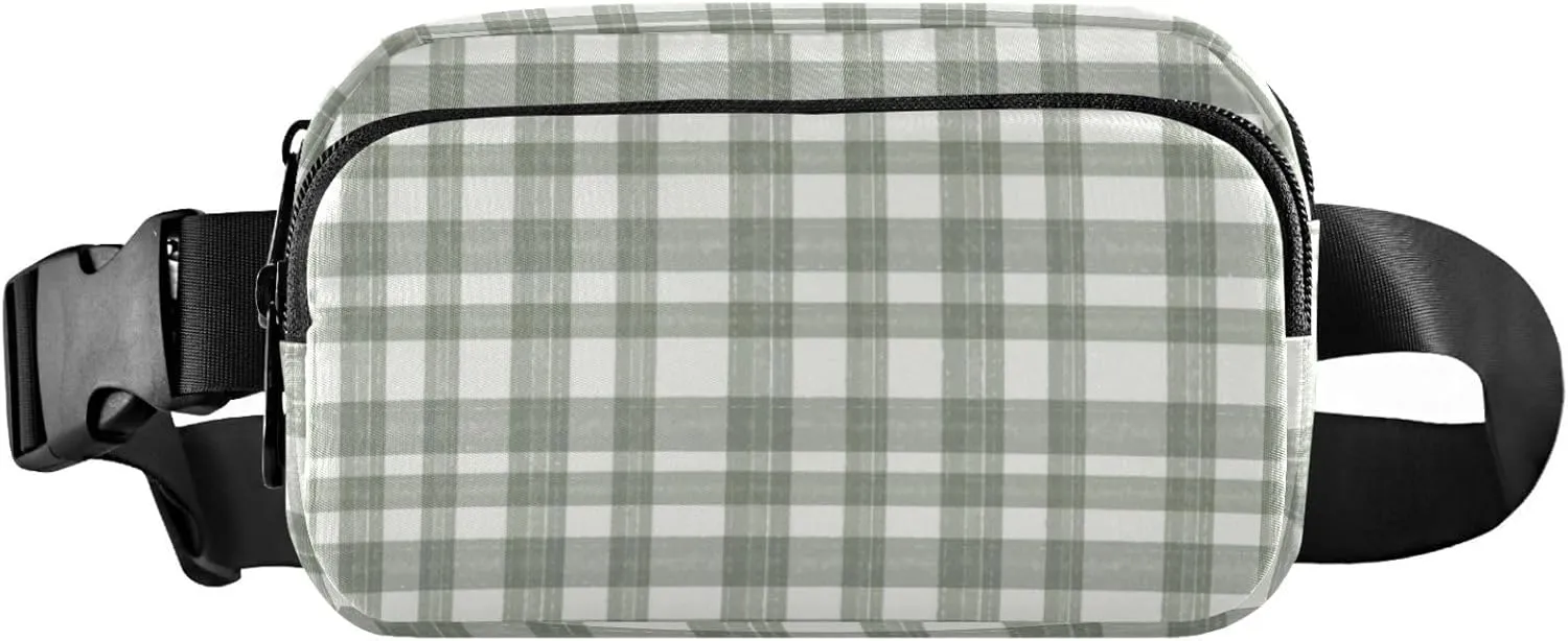 Watercolor Sage Green Plaid Belt Bag for Women Men Fanny Pack Small Waist Pouch Crossbody Bags for Outdoor Hiking Running Travel