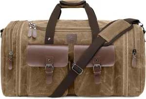 Waxed Canvas Duffle Bag for Men 50L Travel Duffel Bags Expandable Genuine Leather Duffel Overnight Weekender Carry On Bag Two Zipper Pockets Travel Bag (Vintage Brown, Large-50L)