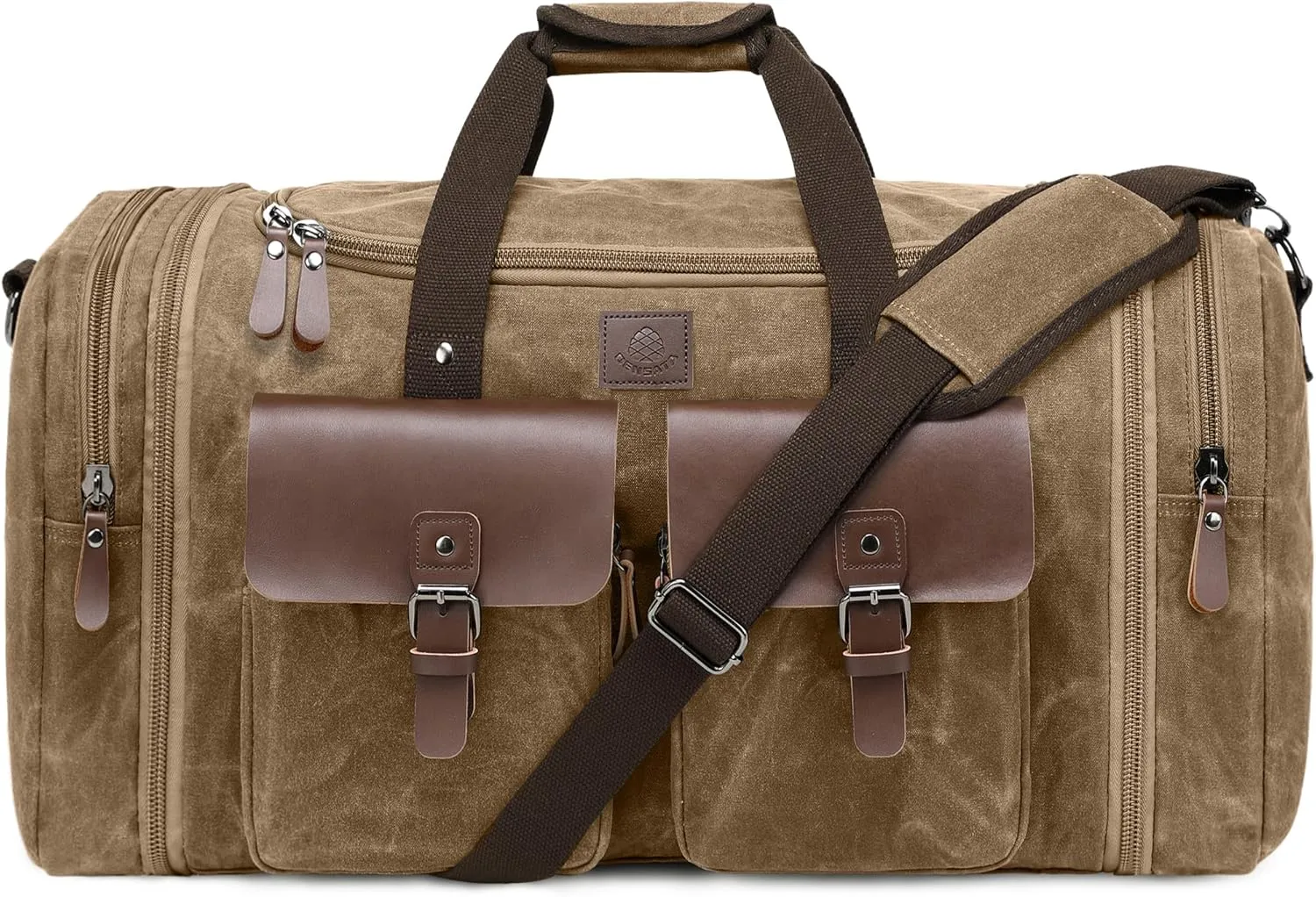 Waxed Canvas Duffle Bag for Men 50L Travel Duffel Bags Expandable Genuine Leather Duffel Overnight Weekender Carry On Bag Two Zipper Pockets Travel Bag (Vintage Brown, Large-50L)