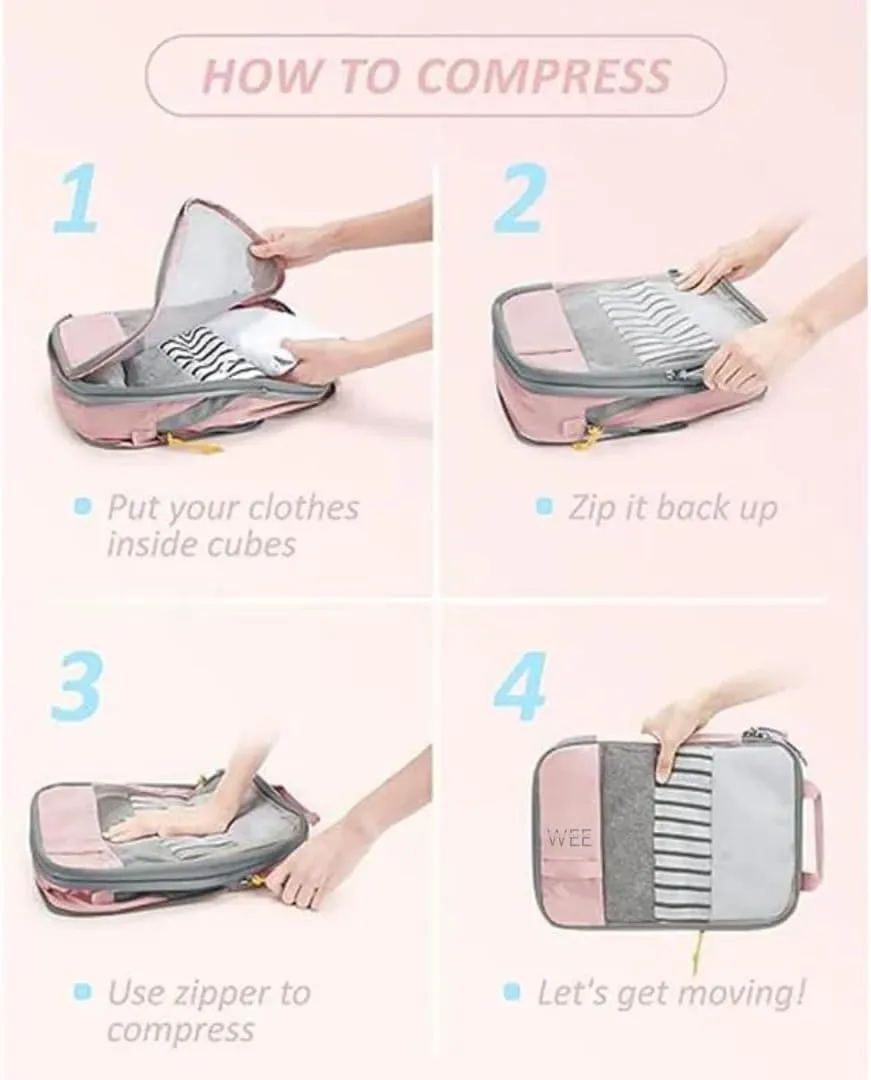 Wee Traveler Compression Packing Cubes, Set of 6, Essential Travel Organizer for Suitcases, Luggage Organizing Bags, Ideal Packing Cubes as Travel Accessories for Efficient Packing. (Light Pink)