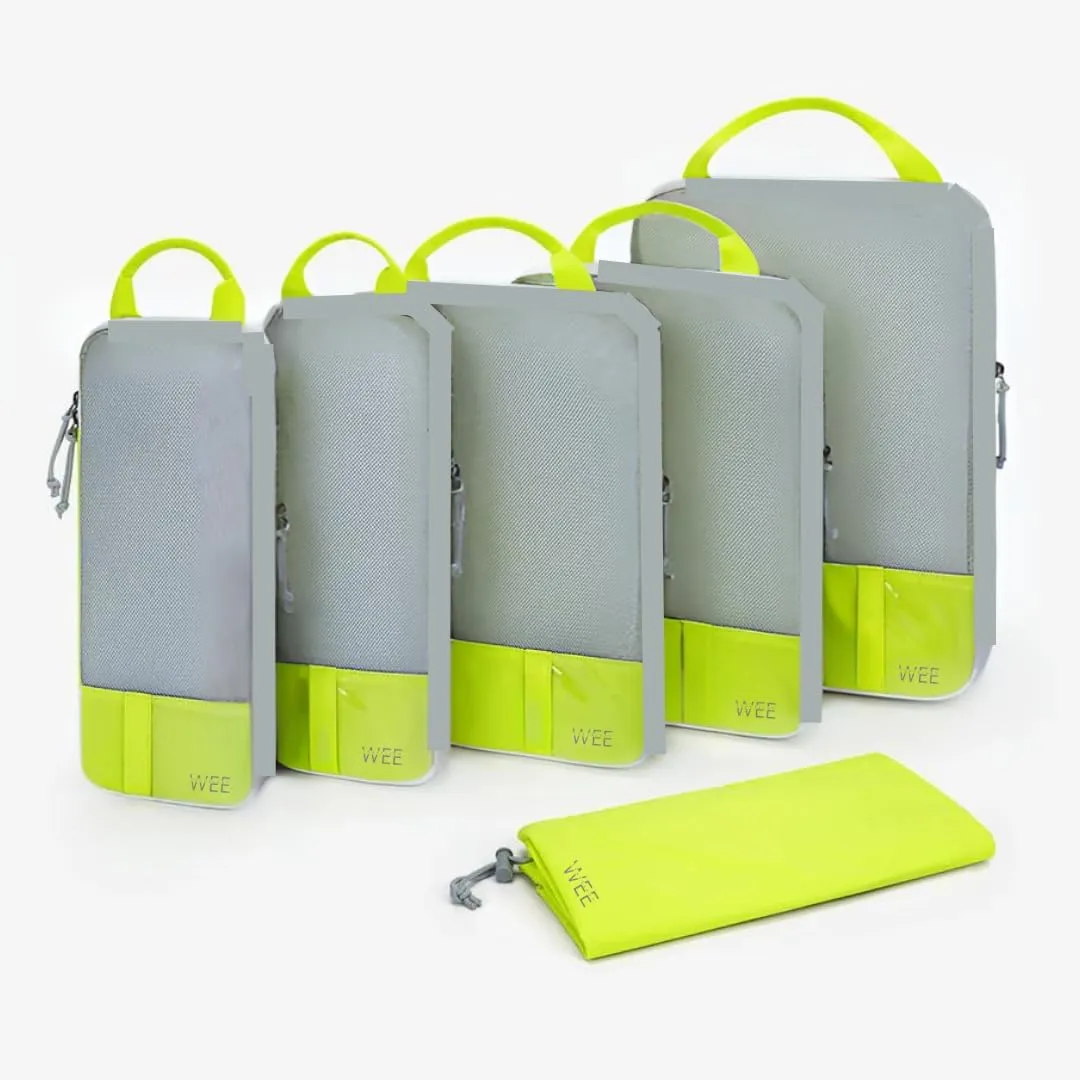 Wee Traveler Compression Packing Cubes, Set of 6, Essential Travel Organizer for Suitcases, Luggage Organizing Bags, Ideal Packing Cubes as Travel Accessories for Efficient Packing. Neon Yellow