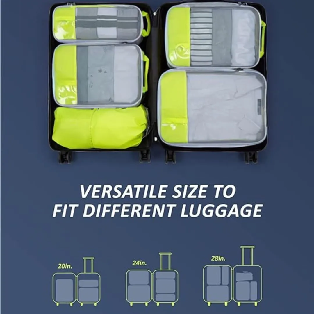 Wee Traveler Compression Packing Cubes, Set of 6, Essential Travel Organizer for Suitcases, Luggage Organizing Bags, Ideal Packing Cubes as Travel Accessories for Efficient Packing. Neon Yellow