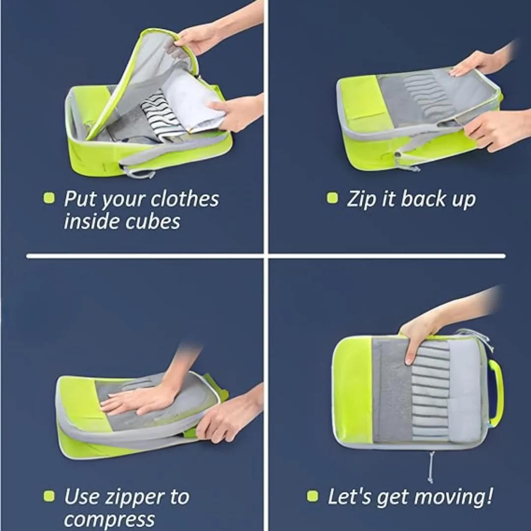 Wee Traveler Compression Packing Cubes, Set of 6, Essential Travel Organizer for Suitcases, Luggage Organizing Bags, Ideal Packing Cubes as Travel Accessories for Efficient Packing. Neon Yellow