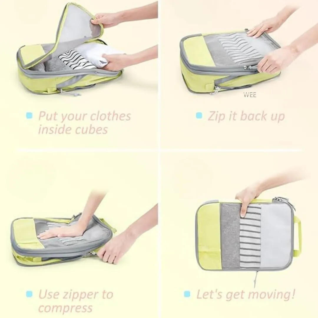 Wee Traveler Compression Packing Cubes, Set of 6, Essential Travel Organizer for Suitcases, Luggage Organizing Bags, Ideal Packing Cubes as Travel Accessories for Efficient Packing. (Yellow)
