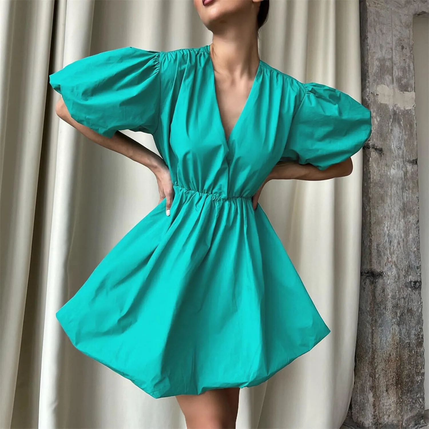 Western Tshirt Dress Women 1950S Elegant Puff Sleeve Swing Empire Waist Mini Ruched Dresses Wedding Beach Vacation Clothes