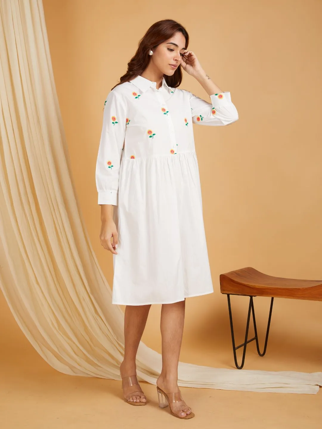 White Cotton Embroidered Mini Dress