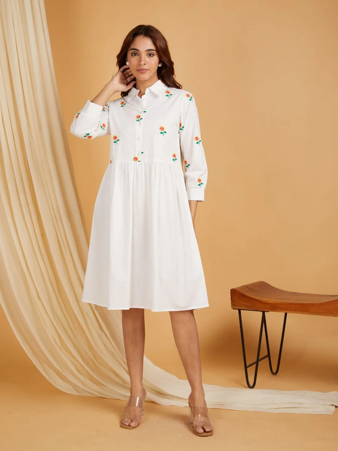 White Cotton Embroidered Mini Dress