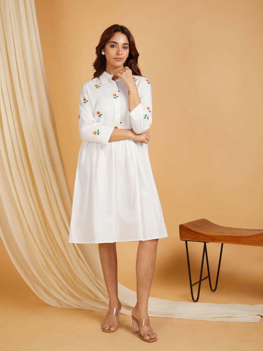 White Cotton Embroidered Mini Dress
