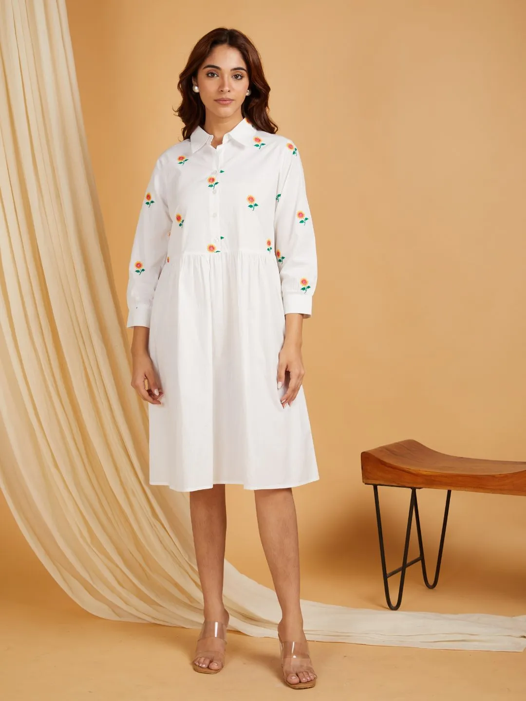 White Cotton Embroidered Mini Dress