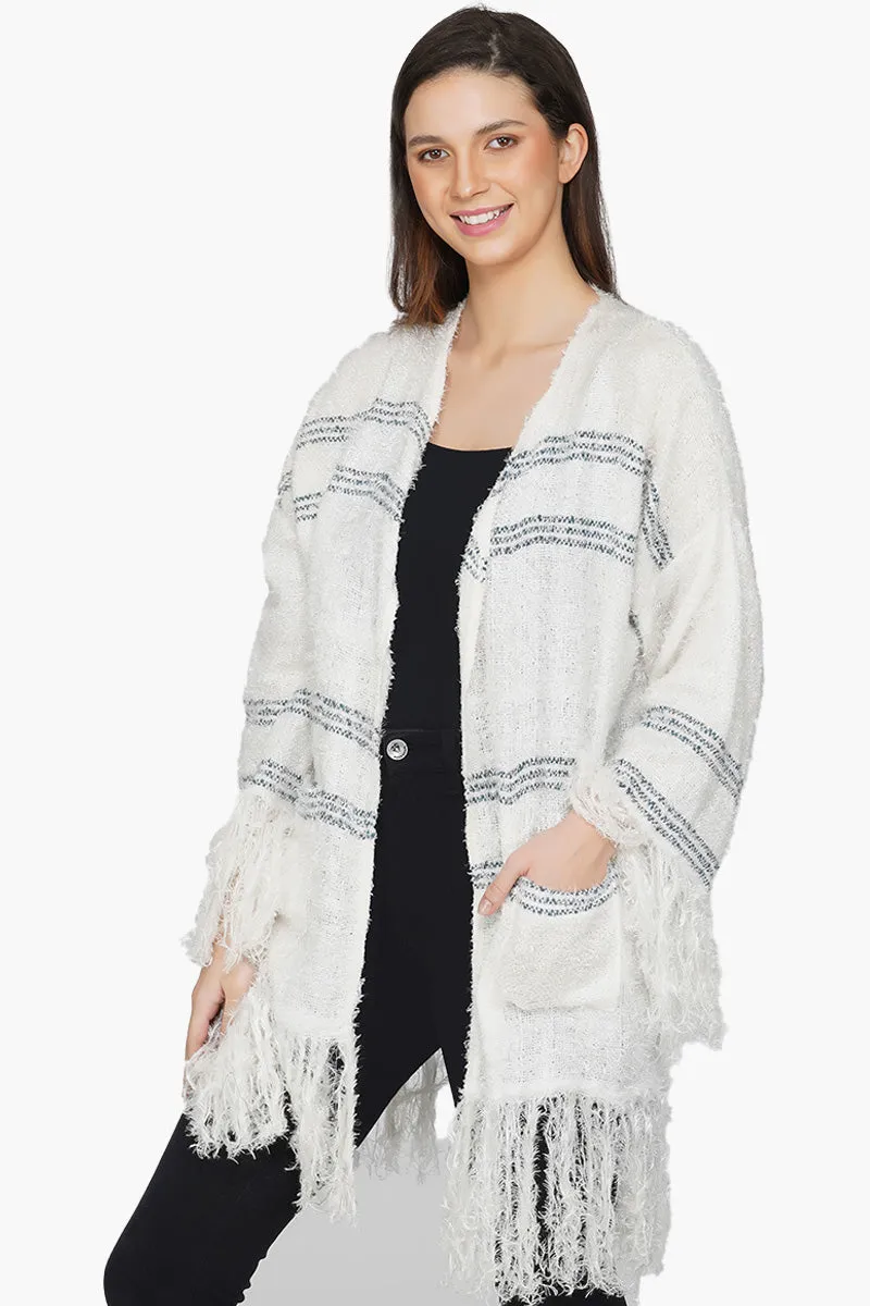 White Woolen Fringed Shrug