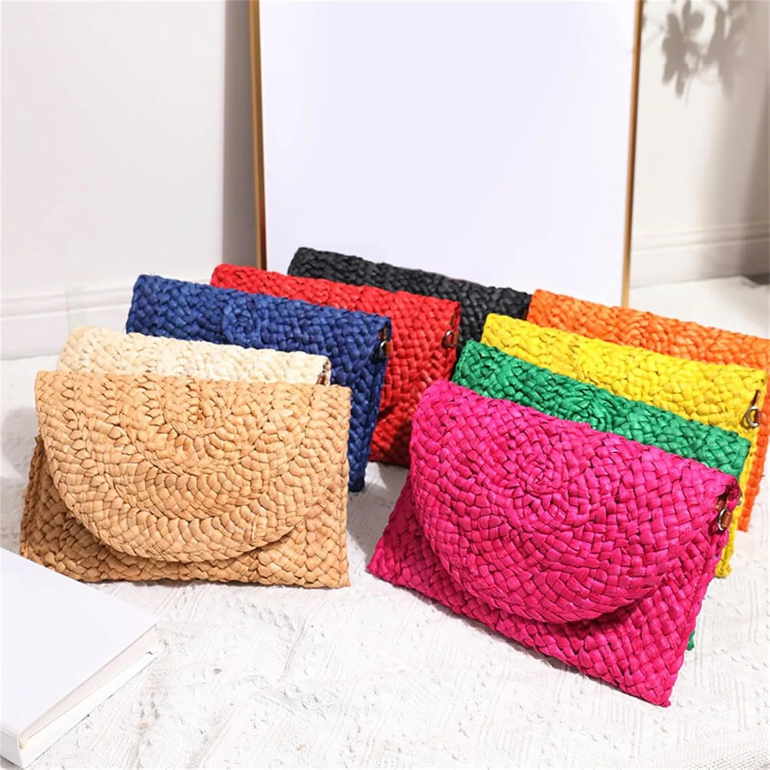 Women Evening Clutch Purse Summer Beach Handbag Woven Envelope Bag Clutch with Rhinestones