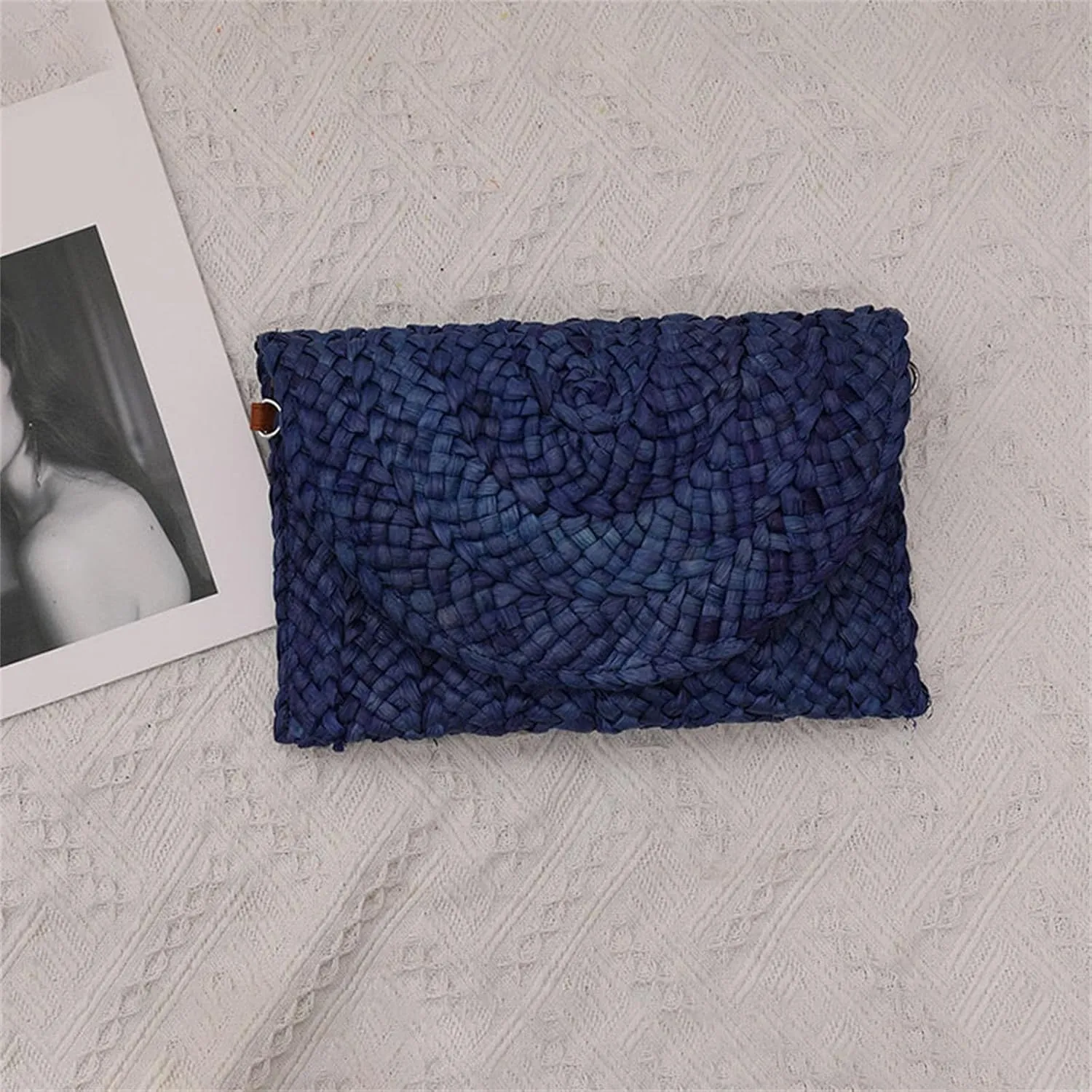 Women Evening Clutch Purse Summer Beach Handbag Woven Envelope Bag Clutch with Rhinestones