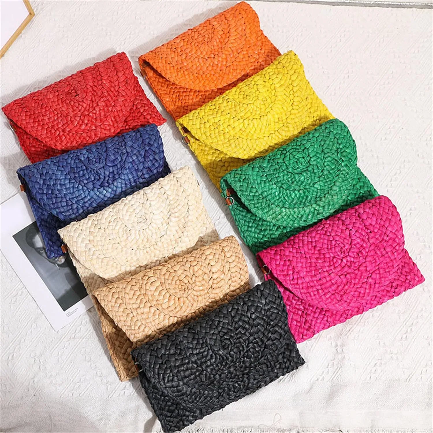 Women Evening Clutch Purse Summer Beach Handbag Woven Envelope Bag Clutch with Rhinestones