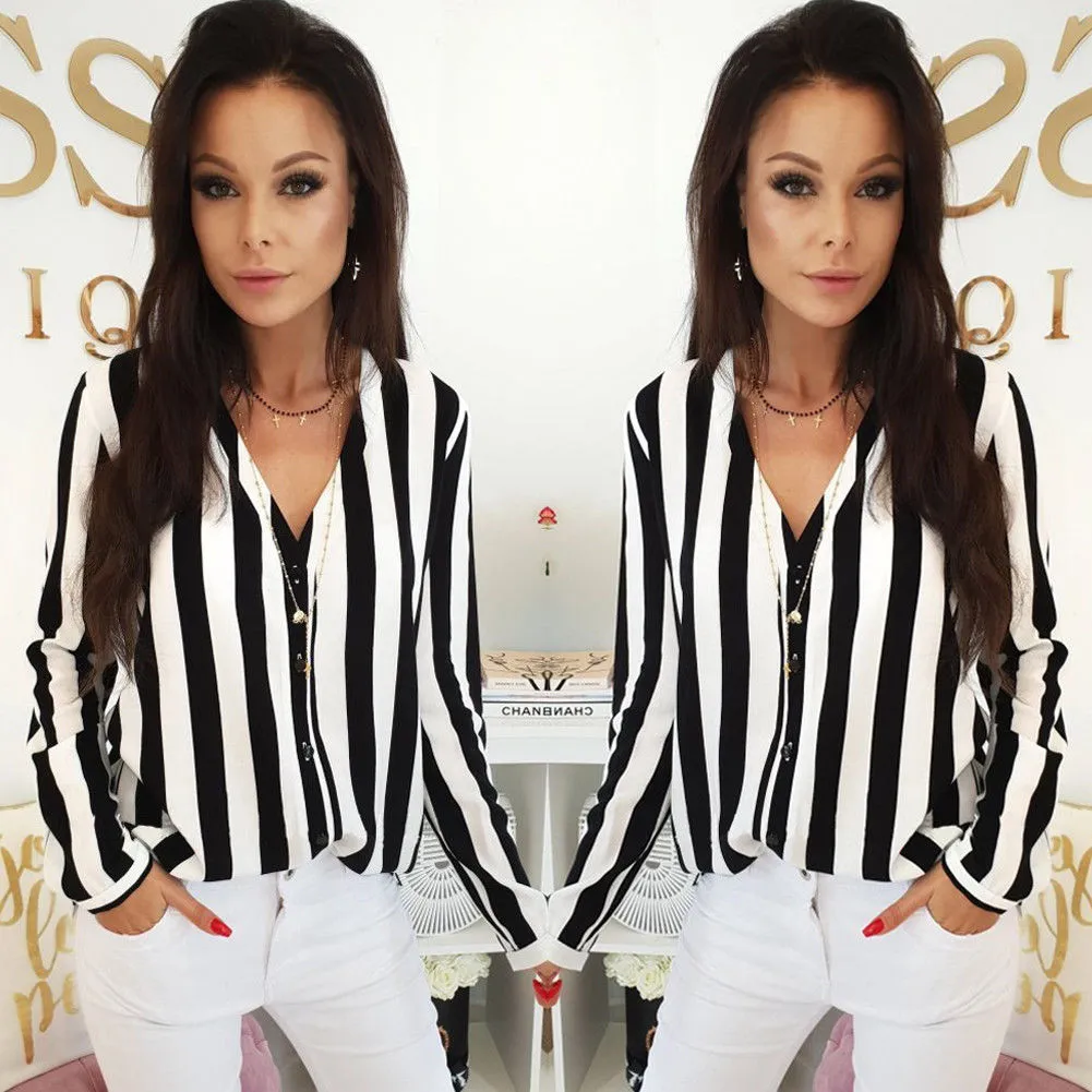 Women Striped Shirt Black White Elegant V Neck Button
