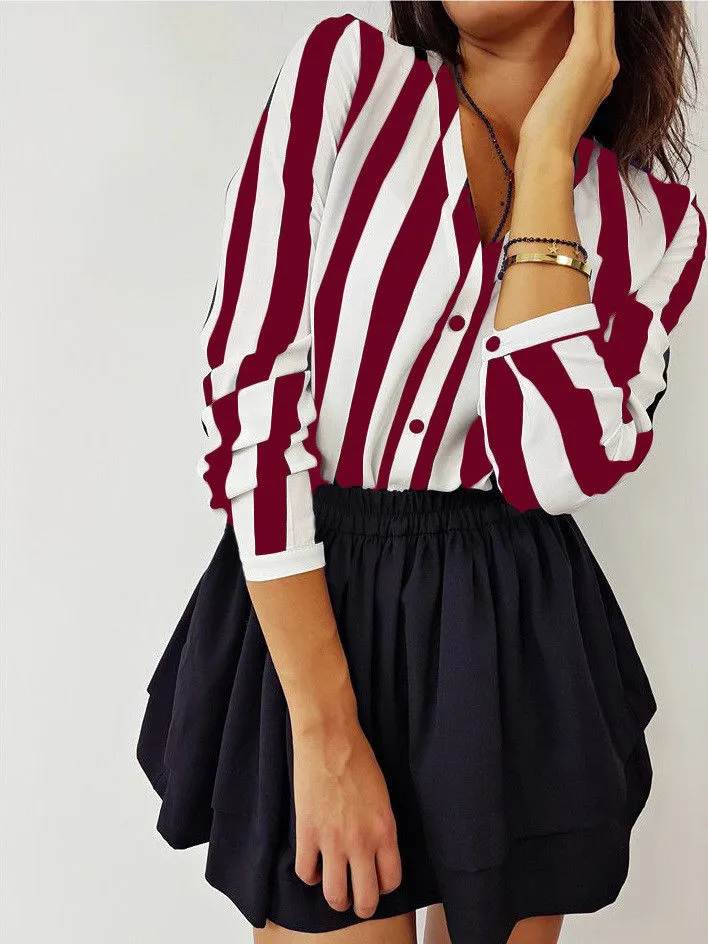 Women Striped Shirt Black White Elegant V Neck Button