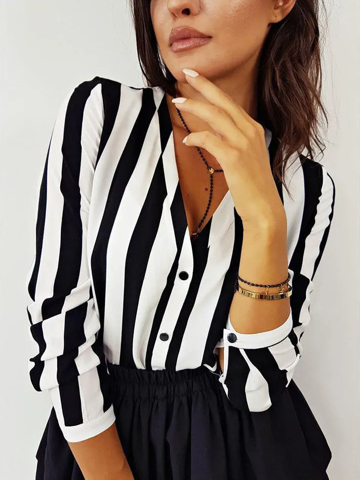 Women Striped Shirt Black White Elegant V Neck Button