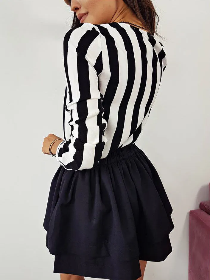 Women Striped Shirt Black White Elegant V Neck Button