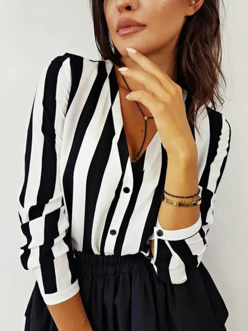 Women Striped Shirt Black White Elegant V Neck Button