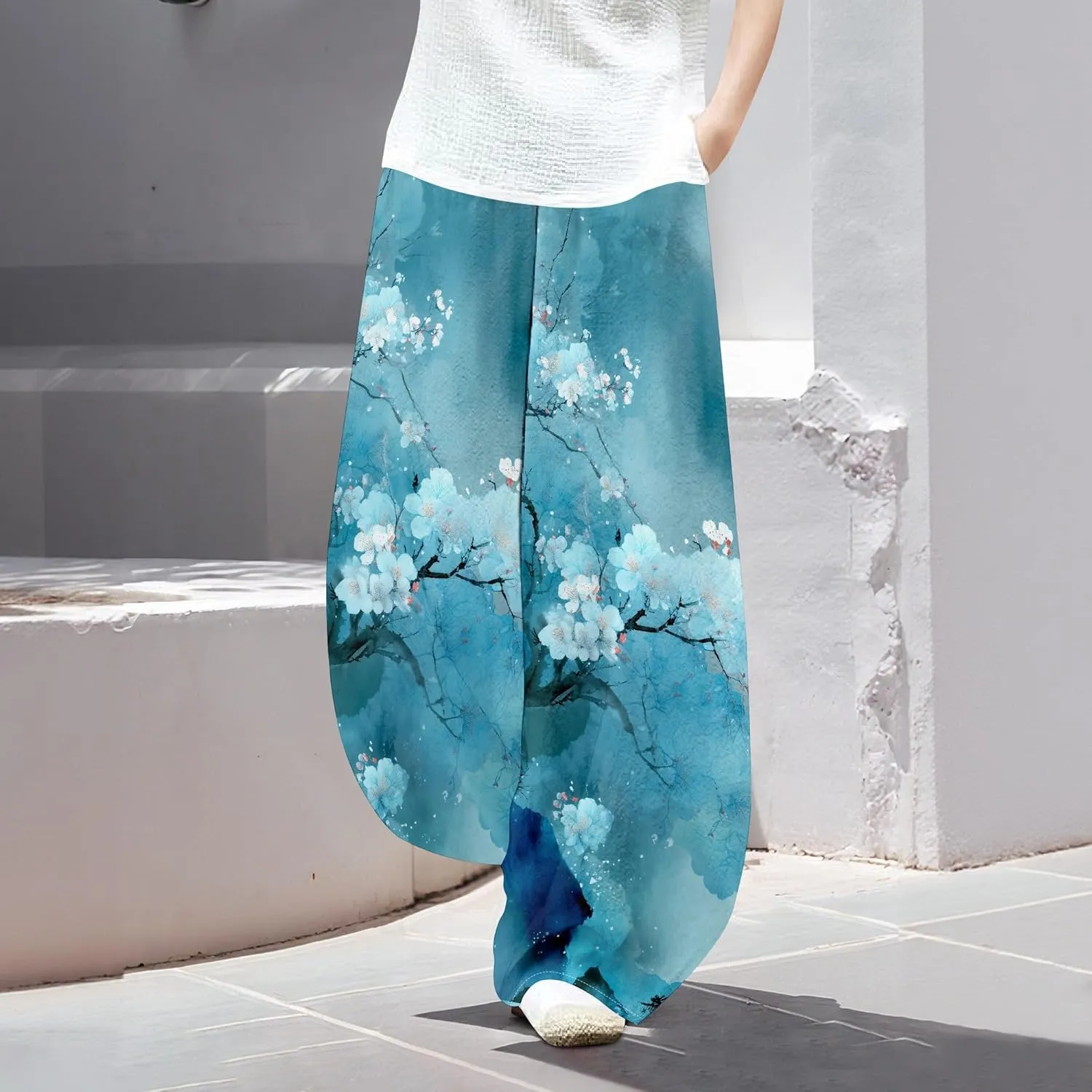 Womens Baggy Cotton Linen Blend Wide Leg Palazzo Pants Ladies Summer Casual Low Rise Elastic Waist Lantern Trousers