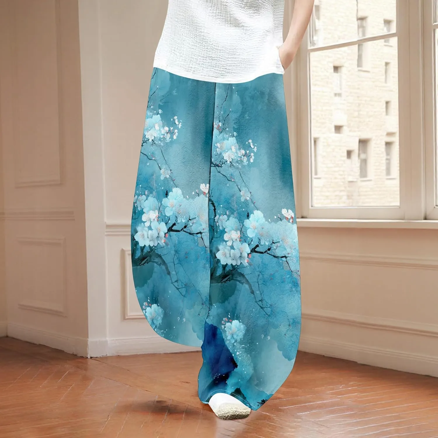 Womens Baggy Cotton Linen Blend Wide Leg Palazzo Pants Ladies Summer Casual Low Rise Elastic Waist Lantern Trousers
