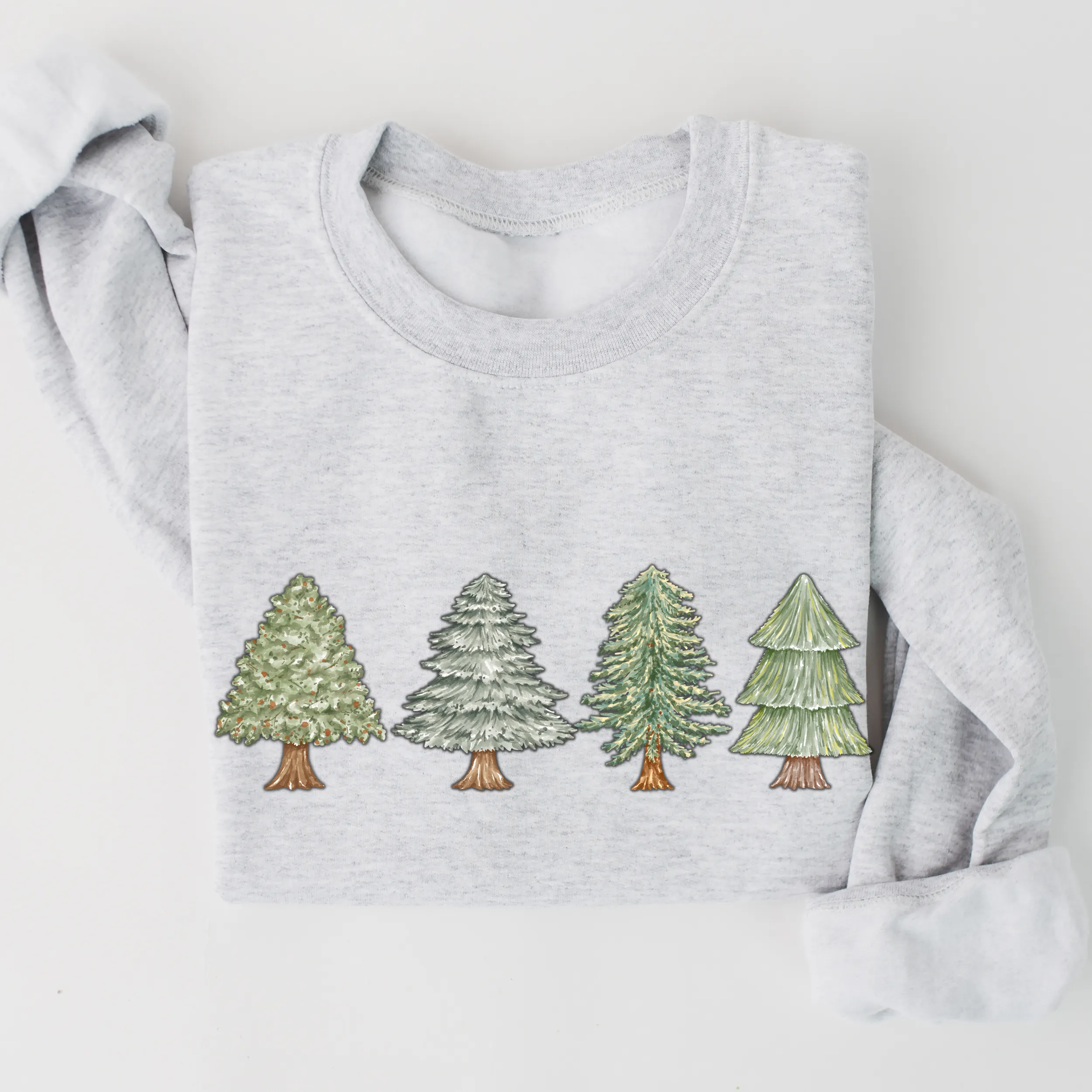 Women's Christmas Trees Crewneck Sweatshirt, Cozy Gildan® Pullover Ash Sand and White Hand-Drawn Minimalist Christmas Trees