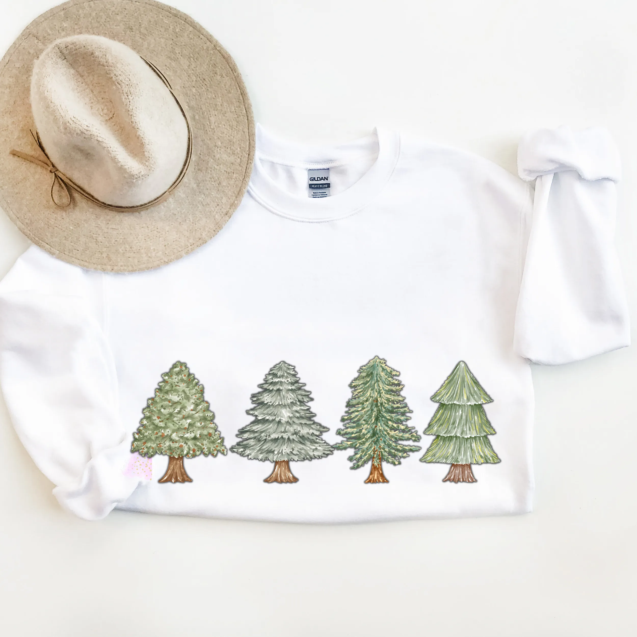 Women's Christmas Trees Crewneck Sweatshirt, Cozy Gildan® Pullover Ash Sand and White Hand-Drawn Minimalist Christmas Trees