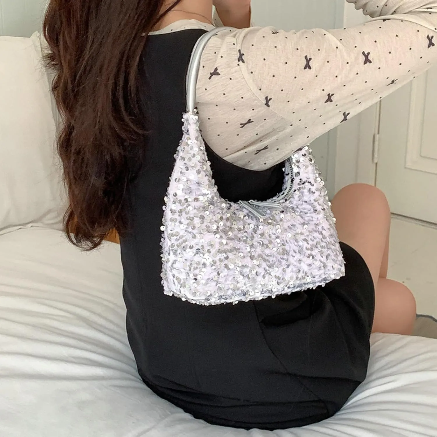 Women's Sequin Glitter Handbags Fashion Sparkly Evening Jean Clutch Purse for Formal/Party/Wedding/Prom/Club (White)