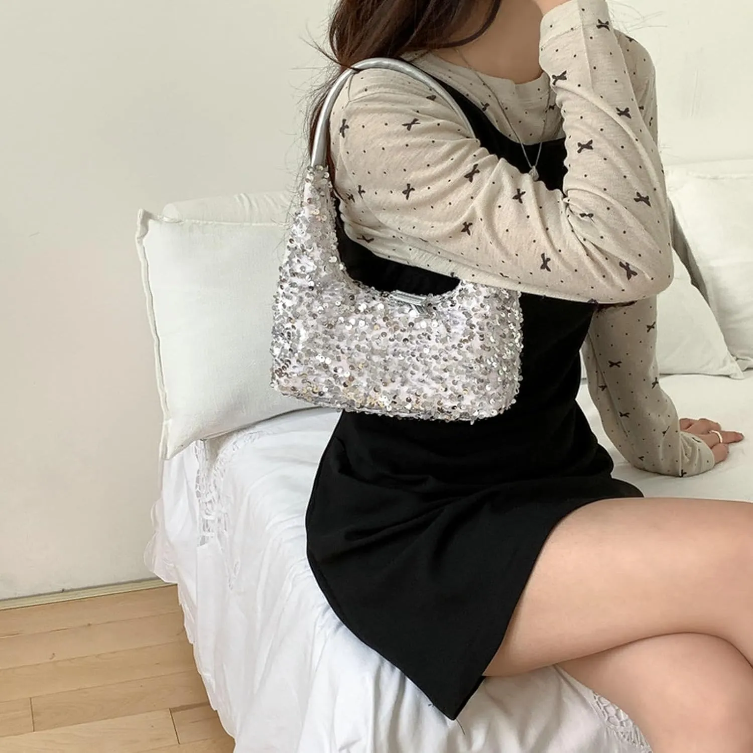 Women's Sequin Glitter Handbags Fashion Sparkly Evening Jean Clutch Purse for Formal/Party/Wedding/Prom/Club (White)