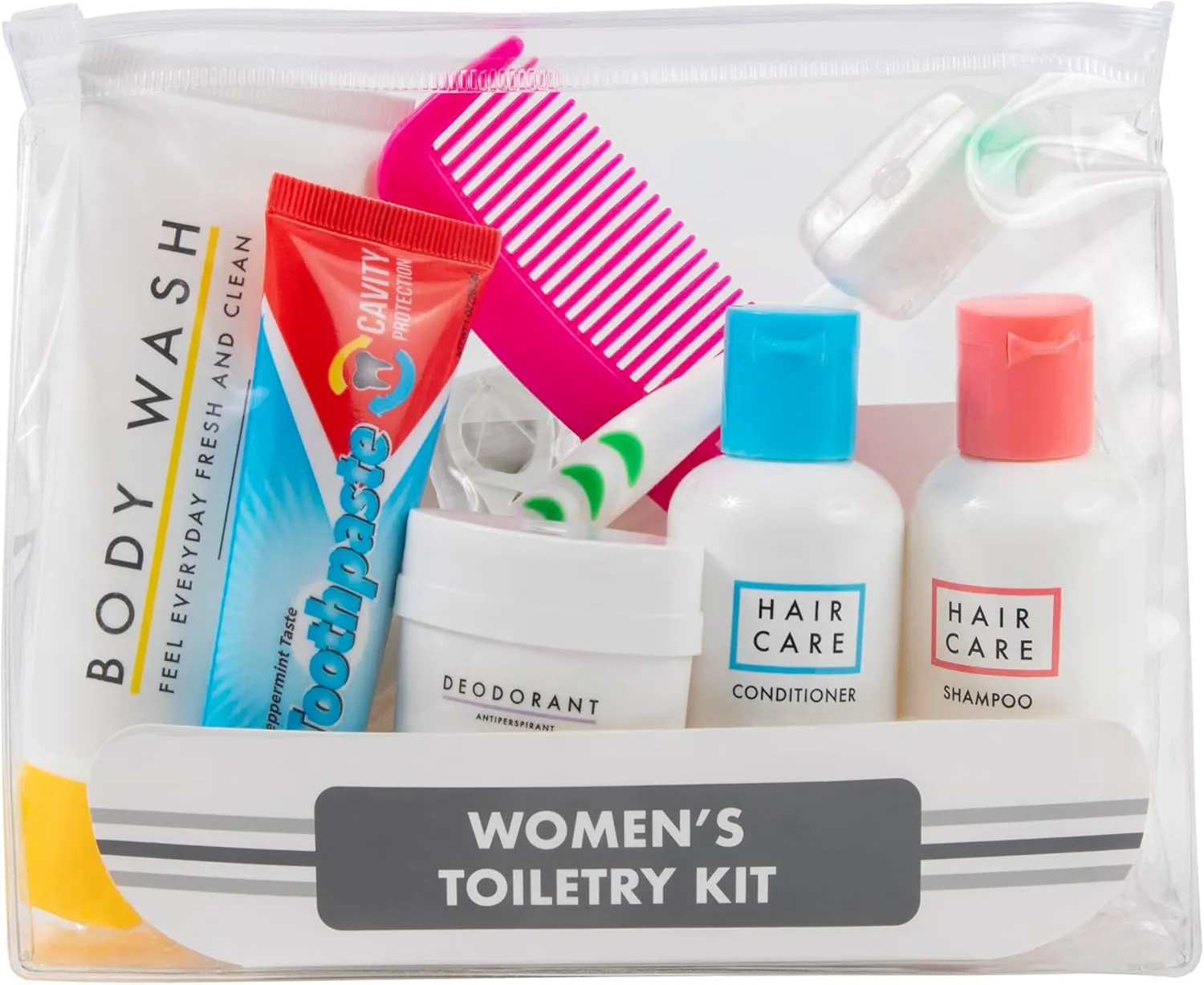 Womens Travel Toiletry Bag with Supplies, 15 Piece Travel Size TSA Compliant Oral Care and Grooming Essentials Kit