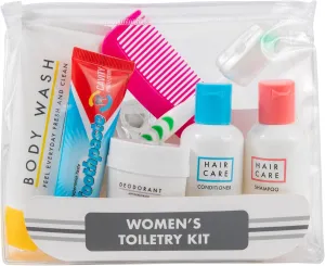 Womens Travel Toiletry Bag with Supplies, 15 Piece Travel Size TSA Compliant Oral Care and Grooming Essentials Kit