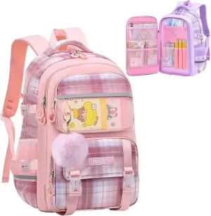 WYCY School Backpacks for Girls Kawaii Backpack Large Capacity Kids School Bag for Girls 8-12 Years Old (Plaid Pink)