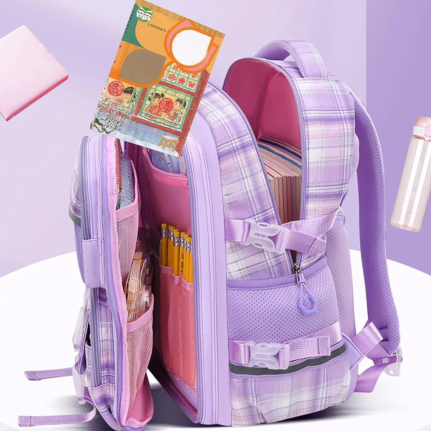 WYCY School Backpacks for Girls Kawaii Backpack Large Capacity Kids School Bag for Girls 8-12 Years Old (Plaid Pink)