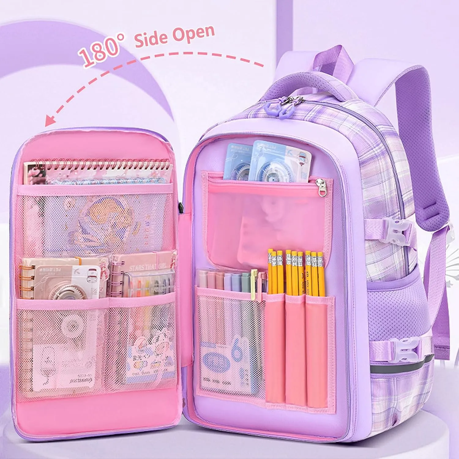 WYCY School Backpacks for Girls Kawaii Backpack Large Capacity Kids School Bag for Girls 8-12 Years Old (Plaid Pink)