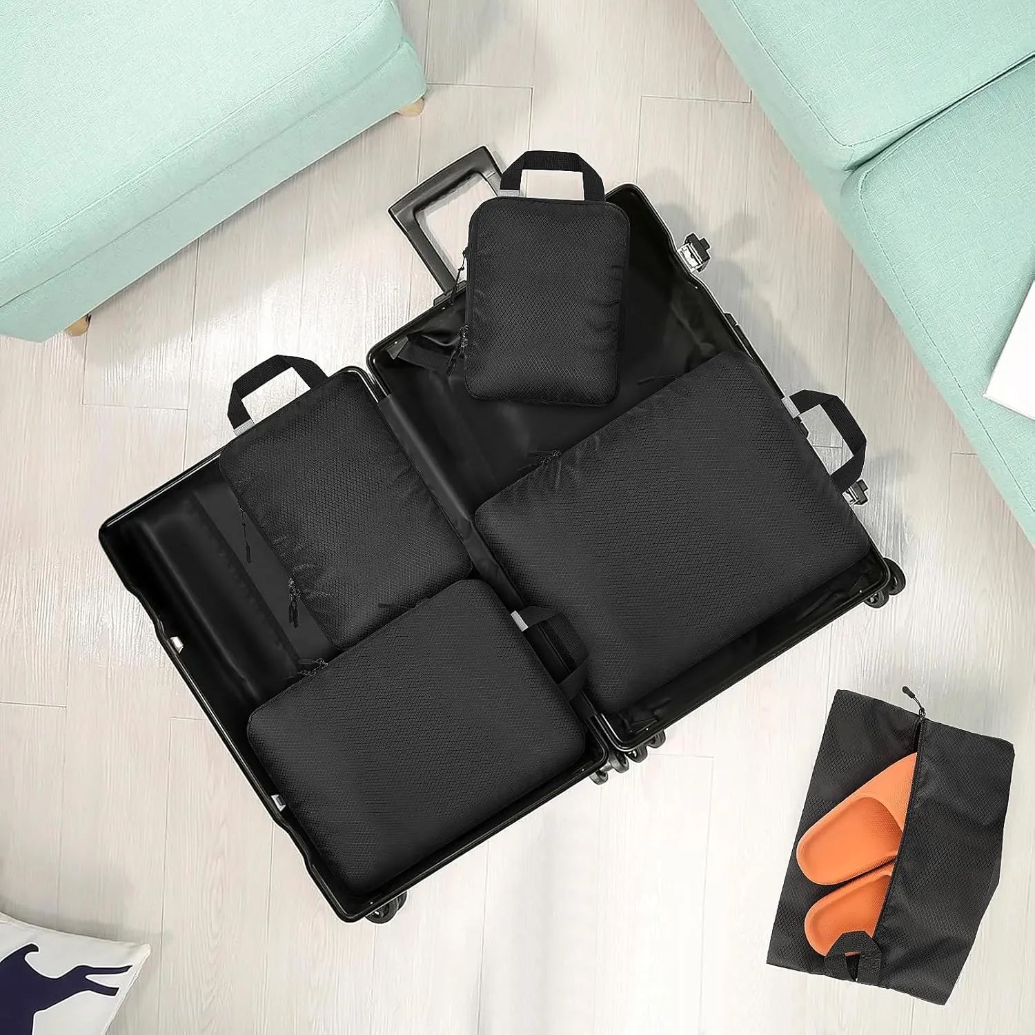 YOOFAN Travel Packing Cubes - Suitcase and Luggage Organizer Compressible Bags Set for Effortless Packing, Compression Cubes, Traveling Essentials (Black, 6 Set)
