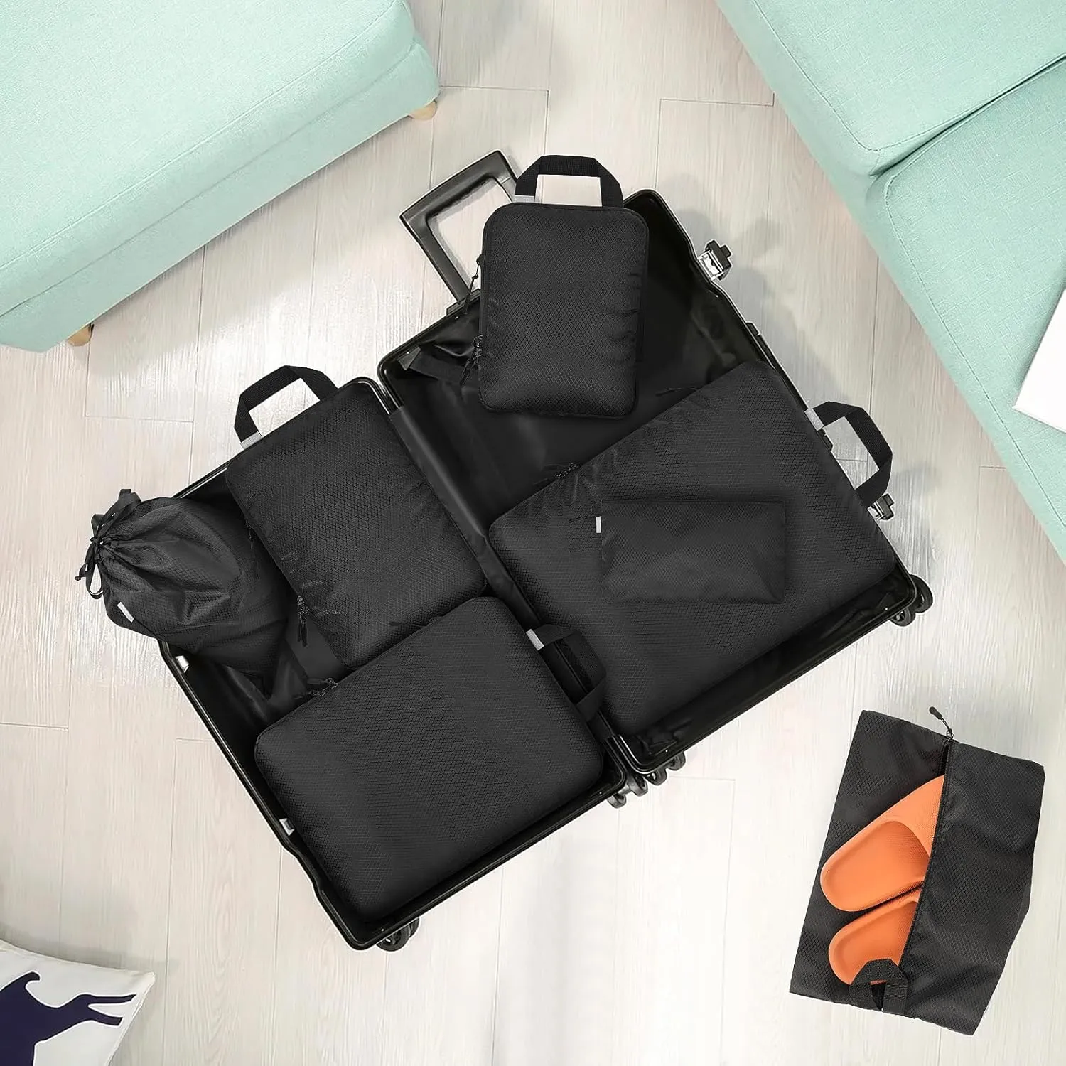 YOOFAN Travel Packing Cubes - Suitcase and Luggage Organizer Set for Effortless Packing, Compressible Bags, Compression Cubes, Traveling Essentials (Black, 8 Set)