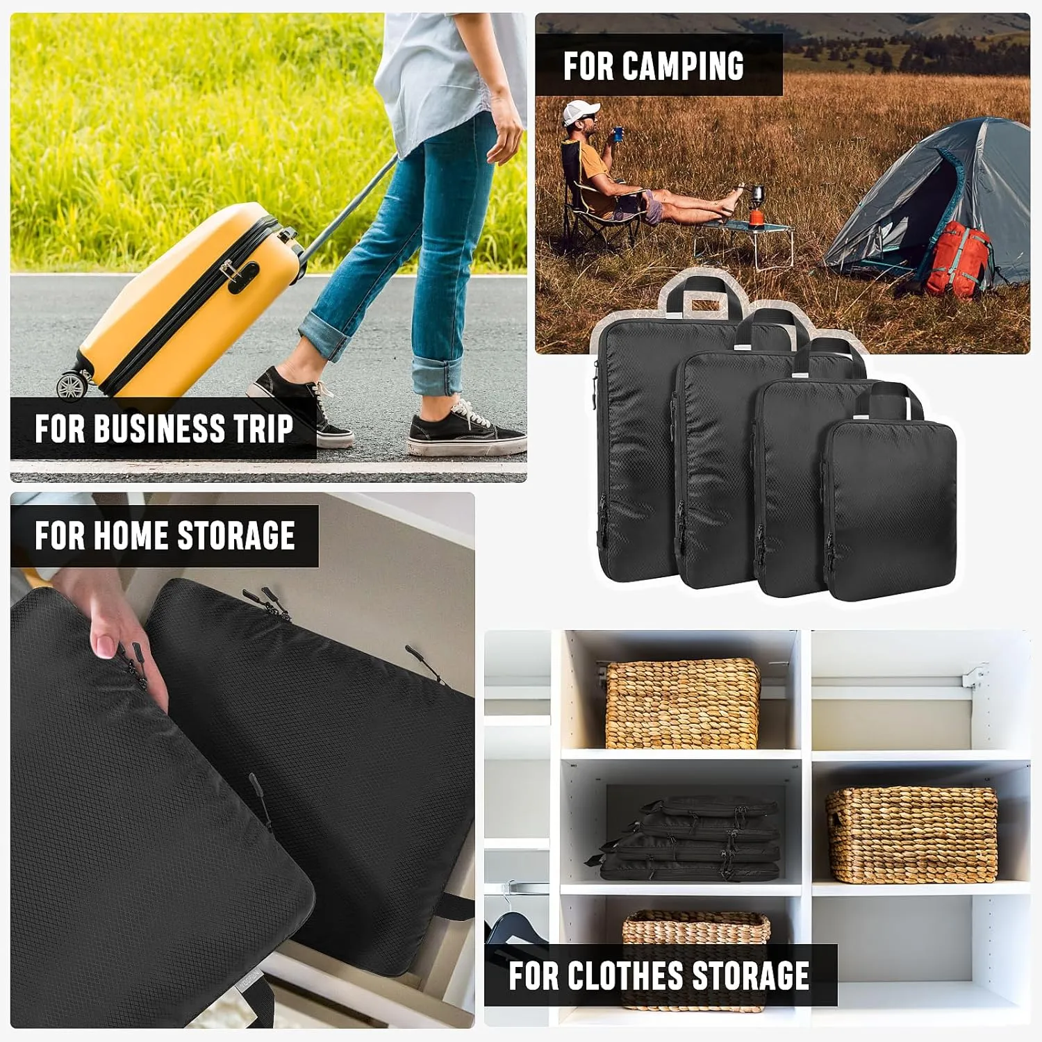 YOOFAN Travel Packing Cubes - Suitcase and Luggage Organizer Set for Effortless Packing, Compressible Bags, Compression Cubes, Traveling Essentials (Black, 8 Set)
