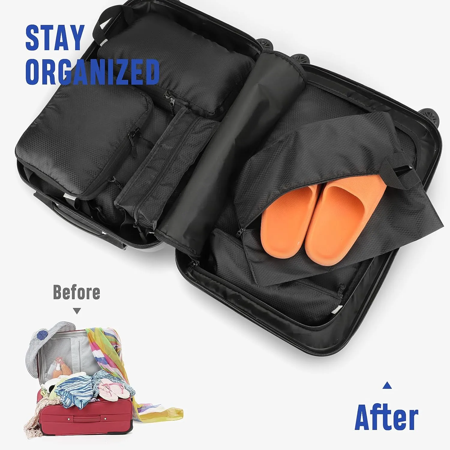 YOOFAN Travel Packing Cubes - Suitcase and Luggage Organizer Set for Effortless Packing, Compressible Bags, Compression Cubes, Traveling Essentials (Black, 8 Set)