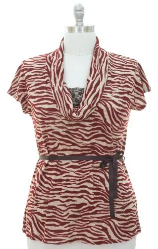 Zebra Print Cowl Neck Lace Detailed Elegant Belt Tunic Top